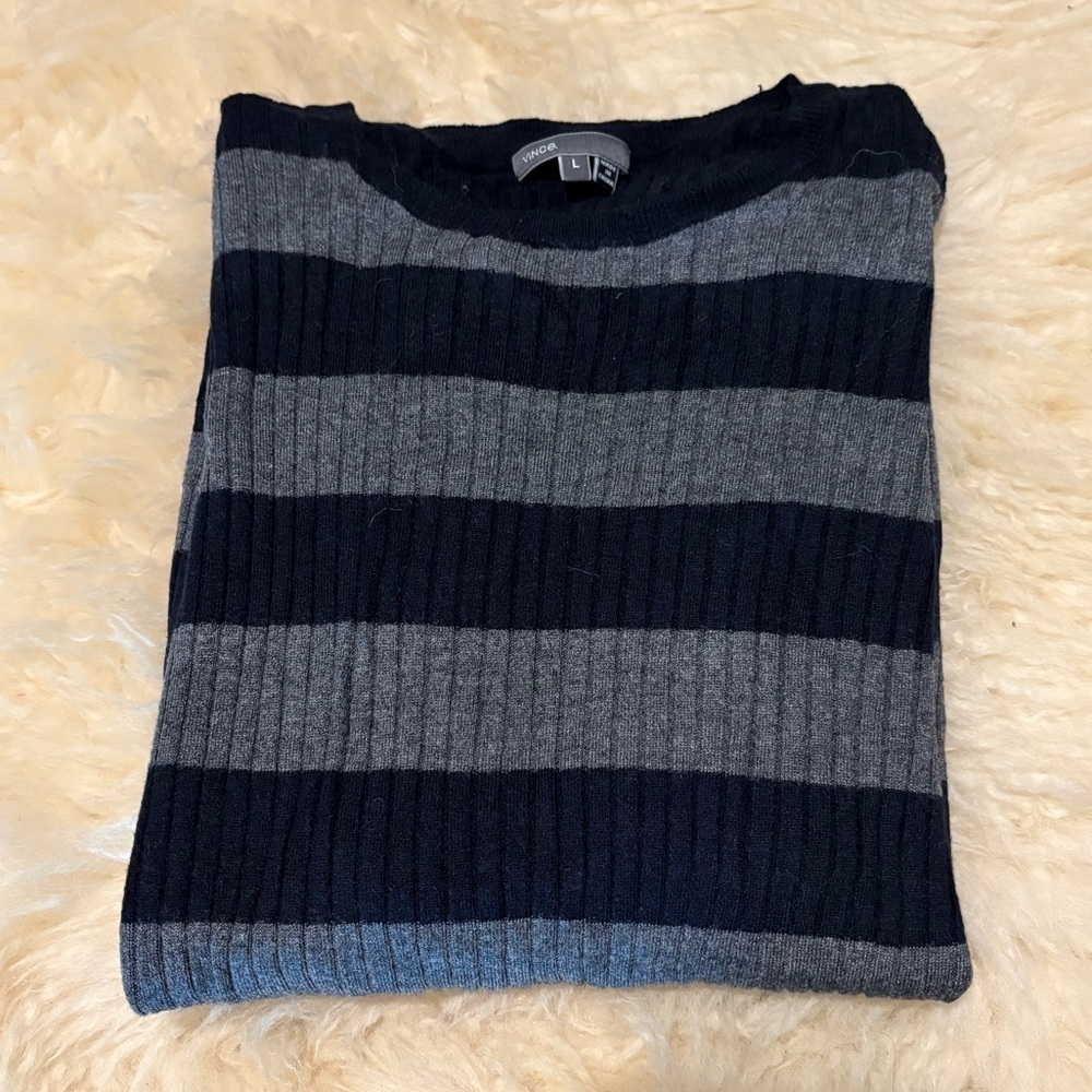 Vince Striped Pullover Black/ Gray Cable Knit Sweater - Picture 3 of 5